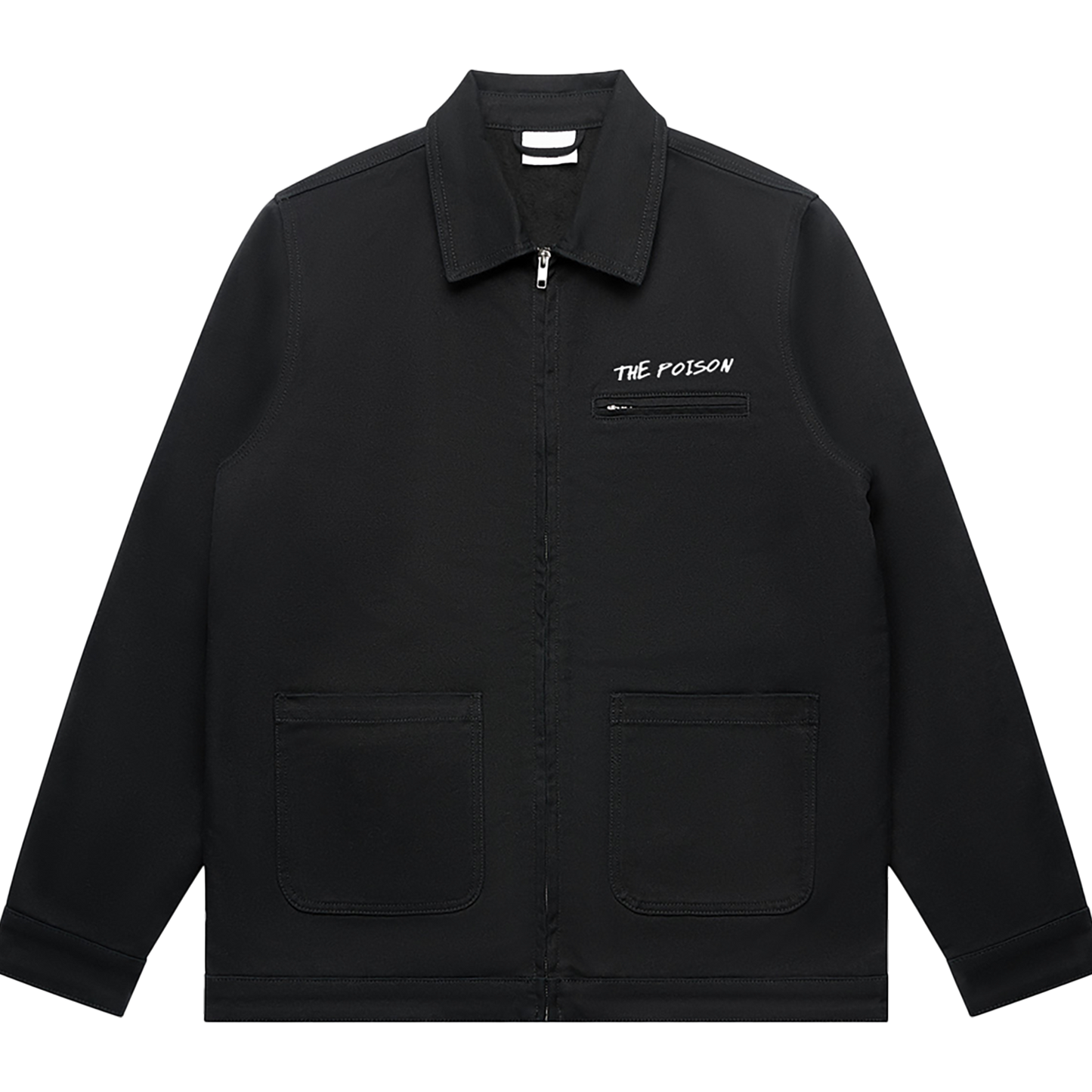 Front view of a black unisex relaxed fit jacket with a collar, front zip closure, and two lower front patch pockets. Features a white 'THE POISON' text print above a small zip chest pocket on the right side.