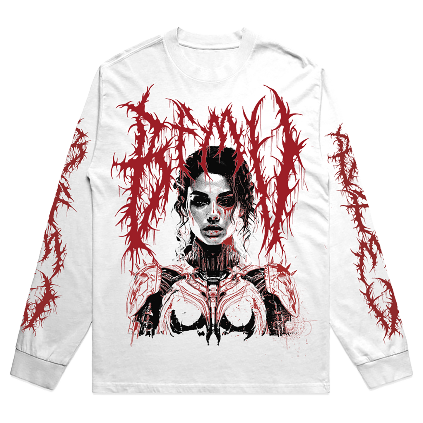 White unisex long-sleeve regular fit T-shirt with a red 'BFMV' thorn print and a black and white photo print of a woman across the front, and red BFMV thorn prints along both sleeves.