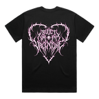 Black unisex short-sleeve regular fit T-shirt with a pink Bullet for My Valentine heart print on the right-hand side of the chest and across the back.