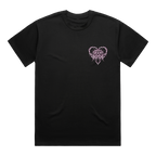 Black unisex short-sleeve regular fit T-shirt with a pink Bullet for My Valentine heart print on the right-hand side of the chest and across the back.