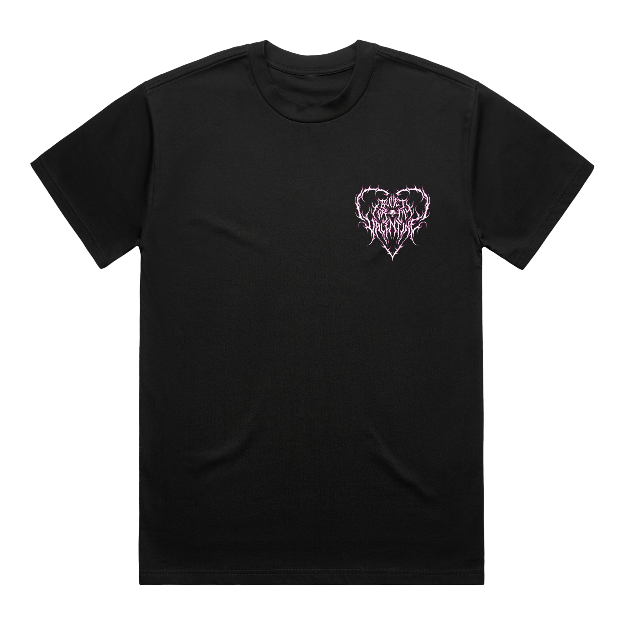 Black unisex short-sleeve regular fit T-shirt with a pink Bullet for My Valentine heart print on the right-hand side of the chest and across the back.