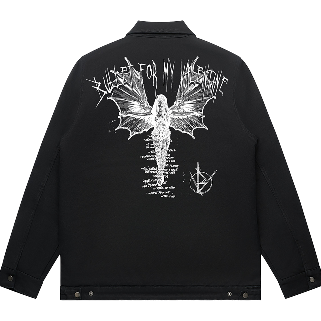 Back view of a black unisex relaxed fit jacket featuring a large white angel with bat wings graphic, stylised 'Bullet For My Valentine' text above, tracklist text running down the centre, and a circular sigil-style logo in the lower right corner.