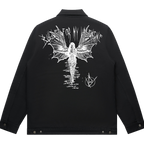 Back view of a black unisex relaxed fit jacket featuring a large white angel with bat wings graphic, stylised 'Bullet For My Valentine' text above, tracklist text running down the centre, and a circular sigil-style logo in the lower right corner.