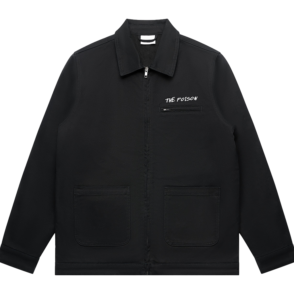 Front view of a black unisex relaxed fit jacket with a collar, front zip closure, and two lower front patch pockets. Features a white 'THE POISON' text print above a small zip chest pocket on the right side.