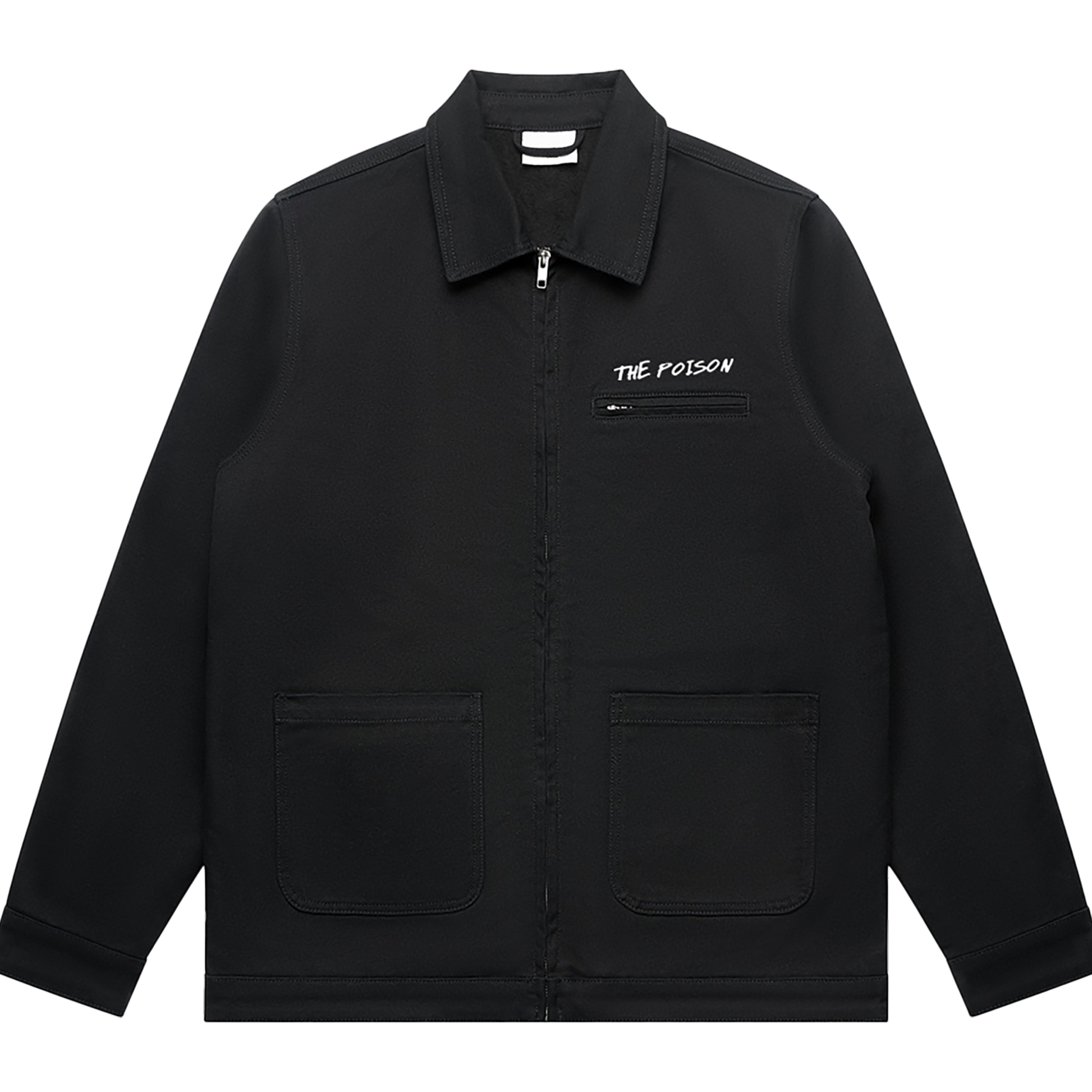 Front view of a black unisex relaxed fit jacket with a collar, front zip closure, and two lower front patch pockets. Features a white 'THE POISON' text print above a small zip chest pocket on the right side.