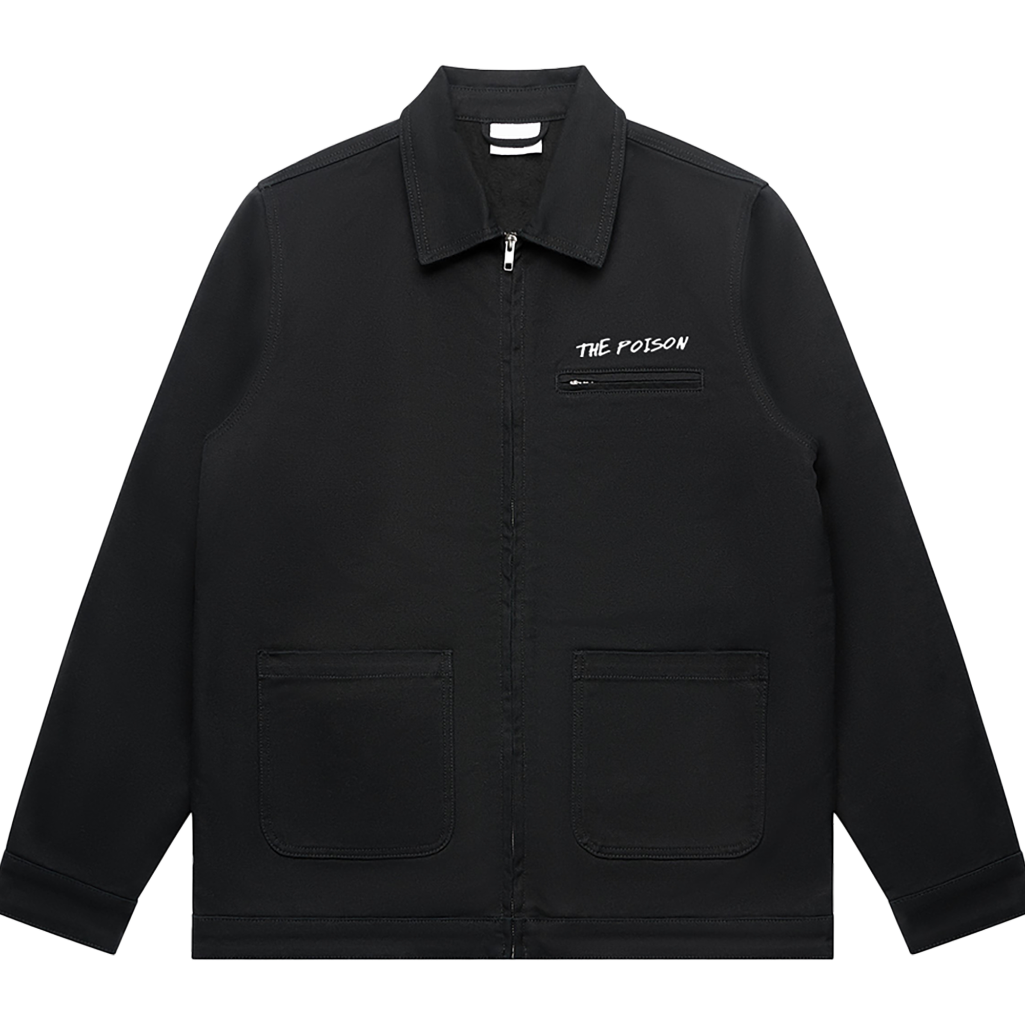 Front view of a black unisex relaxed fit jacket with a collar, front zip closure, and two lower front patch pockets. Features a white 'THE POISON' text print above a small zip chest pocket on the right side.