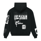 Black unisex regular fit hoodie with a white Bullet for My Valentine text and collage print across the front, black and white collage prints along the sleeves, and a 'The Poison' text and collage print across the back.