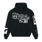 Black unisex regular fit hoodie with a white Bullet for My Valentine text and collage print across the front, black and white collage prints along the sleeves, and a 'The Poison' text and collage print across the back.