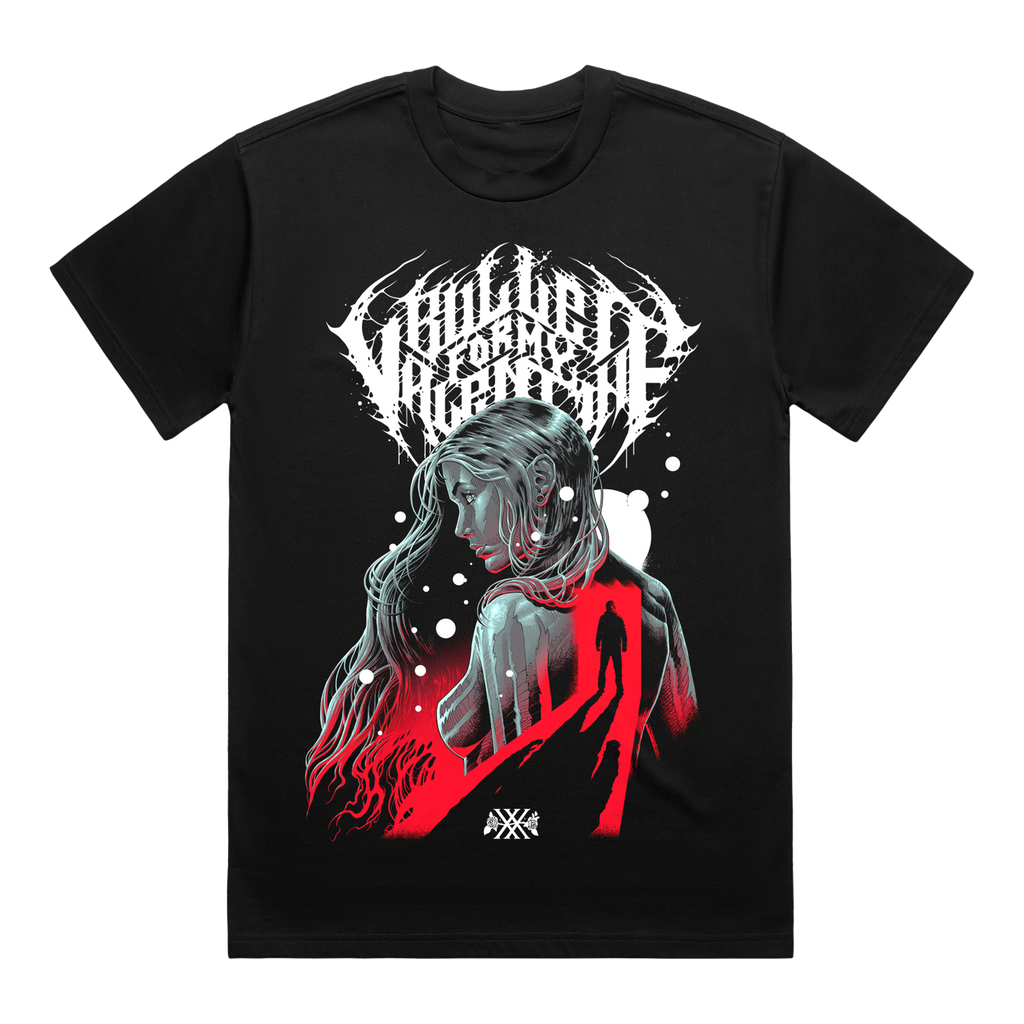 Black unisex short-sleeve regular fit T-Shirt featuring a Bullet for My Valentine logo print and a print of a woman across the front, and 2025 world tour dates across the back