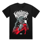 Black unisex short-sleeve regular fit T-Shirt featuring a Bullet for My Valentine logo print and a print of a woman across the front, and 2025 world tour dates across the back