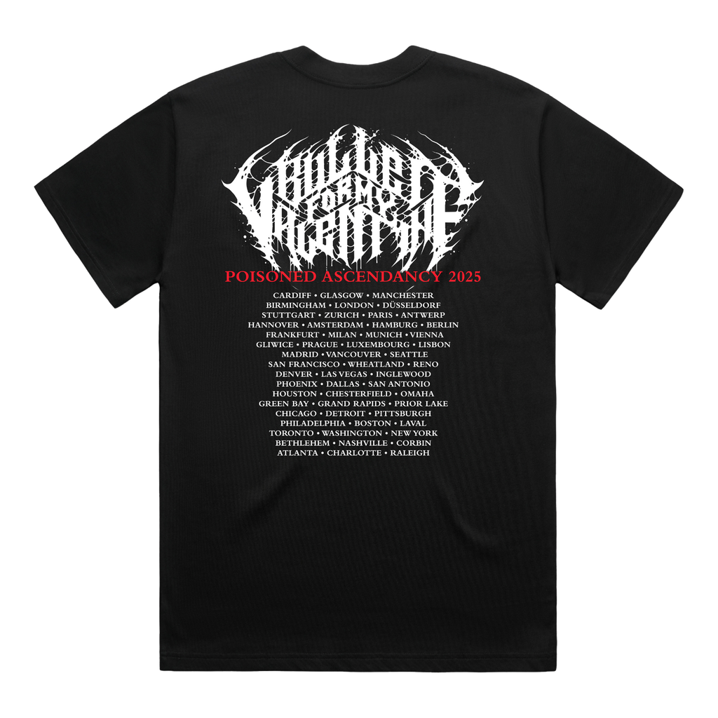 Black unisex short-sleeve regular fit T-Shirt featuring a Bullet for My Valentine logo print and a print of a woman across the front, and 2025 world tour dates across the back