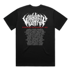 Black unisex short-sleeve regular fit T-Shirt featuring a Bullet for My Valentine logo print and a print of a woman across the front, and 2025 world tour dates across the back