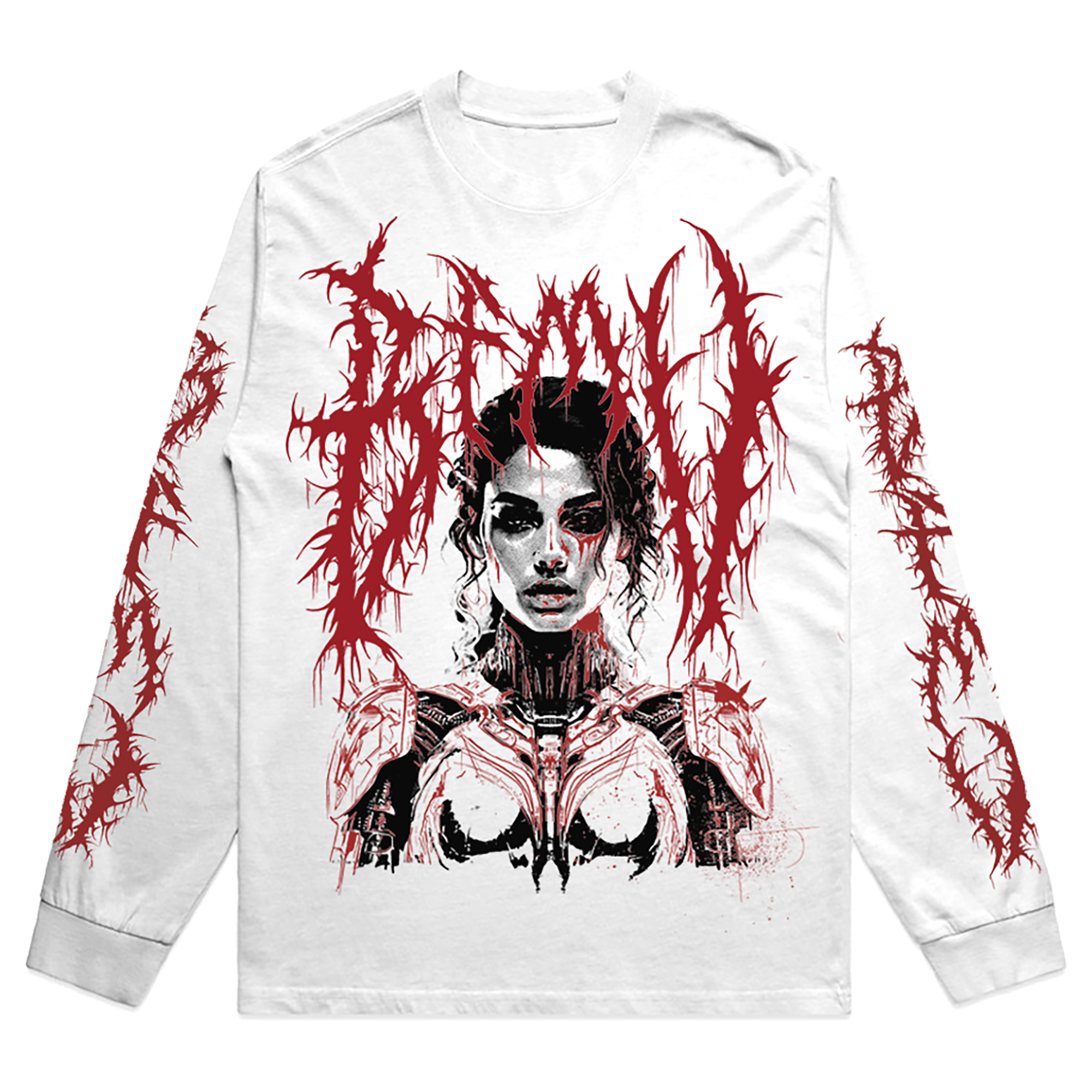 White unisex long-sleeve regular fit T-shirt with a red 'BFMV' thorn print and a black and white photo print of a woman across the front, and red BFMV thorn prints along both sleeves.